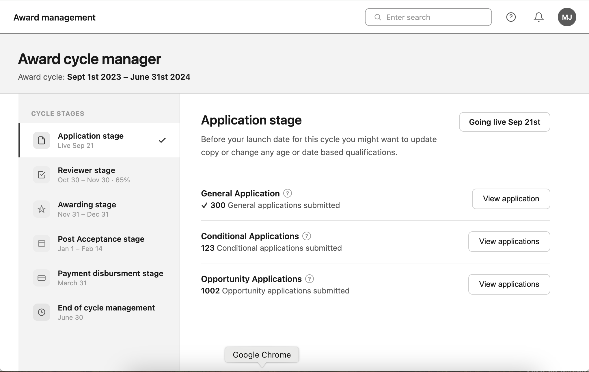 Award Cycle Manager: cycle stages view
